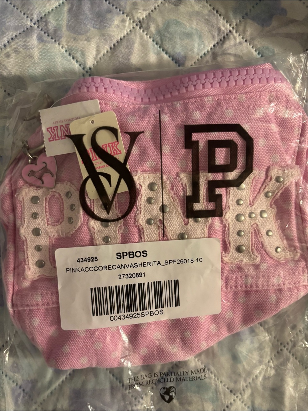 NWT PINK Canvas Rolled Duffle Shoulder Bag
with white polka dots and rhinestones - Picture 1 of 4